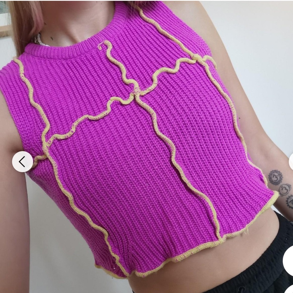 Boutique Vibrant Pink Knit Sleeveless Crop Sweater Tank Top Boho Cottagecore